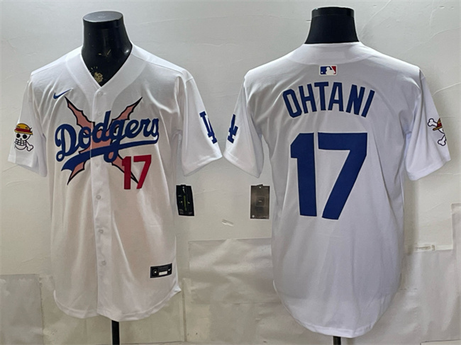 Men's Los Angeles Dodgers x One Piece #17 Shohei Ohtani White Vapor Premier Limited Stitched Baseball Jersey Men's Los Angeles Dodgers x One Piece #17 Shohei Ohtani White Vapor Premier Limited Stitched Baseball Jersey